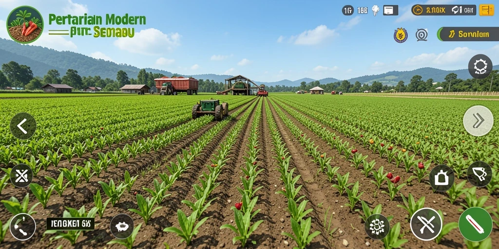 Screenshot gameplay 116X menunjukkan ladang yang subur dan hewan-hewan yang sehat.