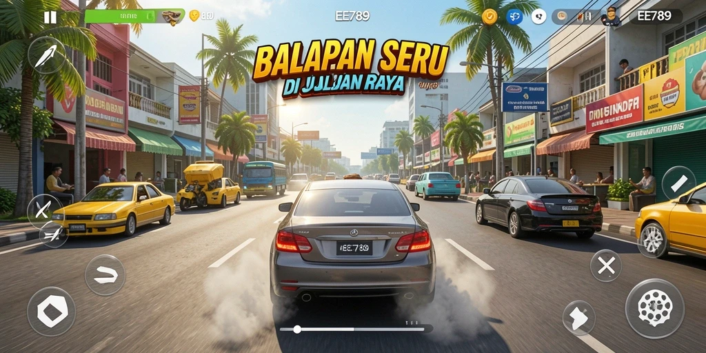 Gameplay balapan seru dengan berbagai pilihan mobil dan trek.