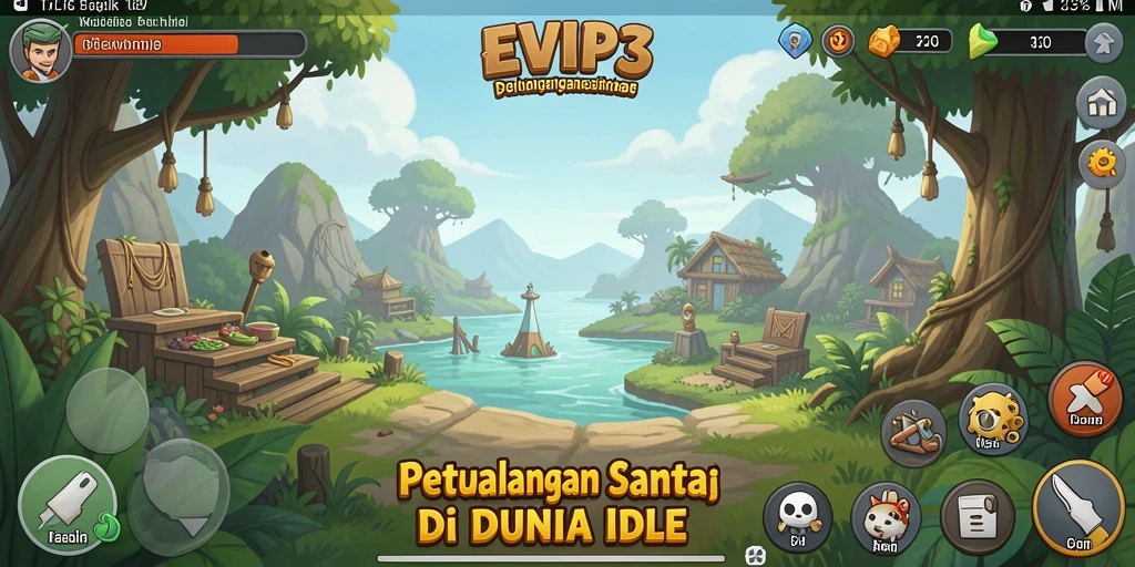 Tampilan gameplay EVIP3 dengan karakter yang aktif dan perkembangan sumber daya.