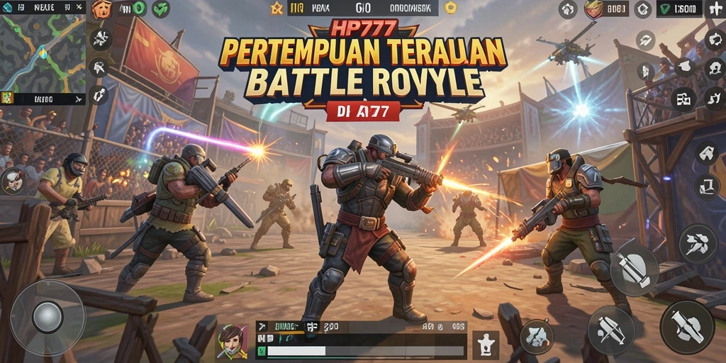 Screenshot gameplay HP777 menampilkan pertempuran intens di peta Battle Royale.