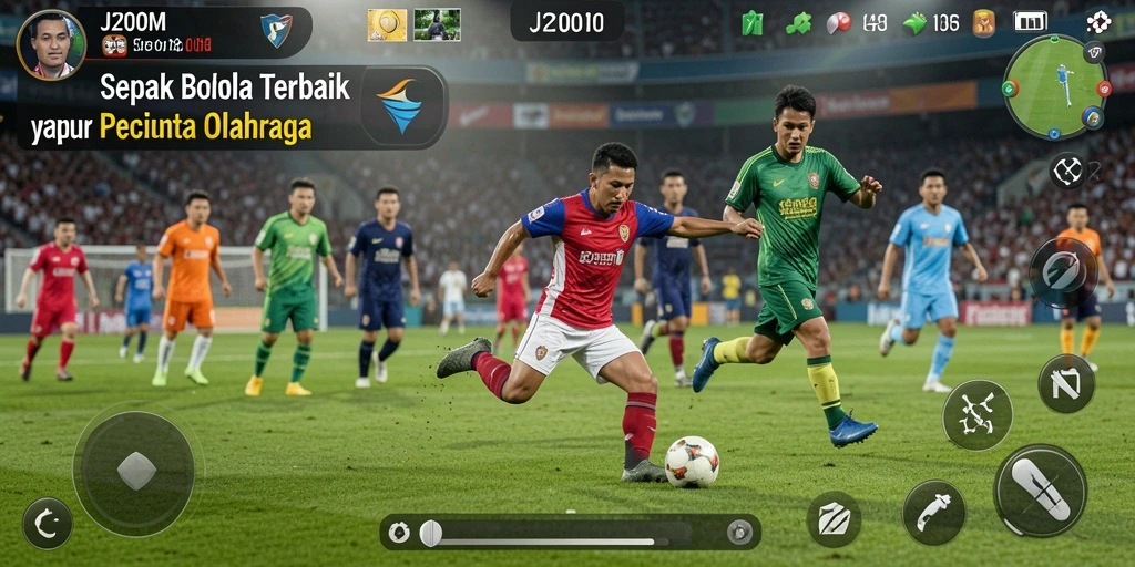 Tampilan gameplay J200M dengan aksi sepak bola yang mendebarkan.