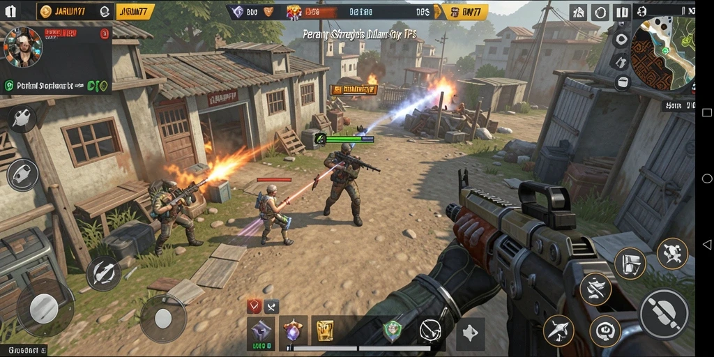Screenshot gameplay JARUM77 menampilkan aksi seru di medan perang.