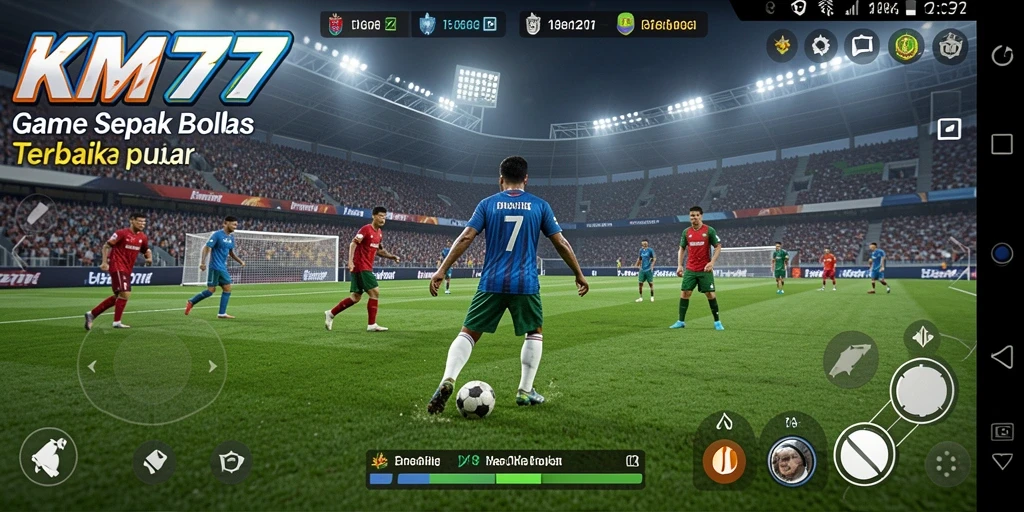 Screenshot gameplay KM777 menampilkan aksi seru dalam pertandingan sepak bola.
