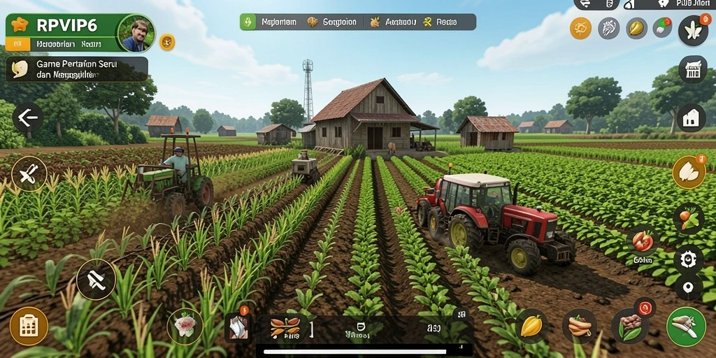 Gameplay RPVIP6 menampilkan ladang hijau dan hewan peliharaan yang interaktif.